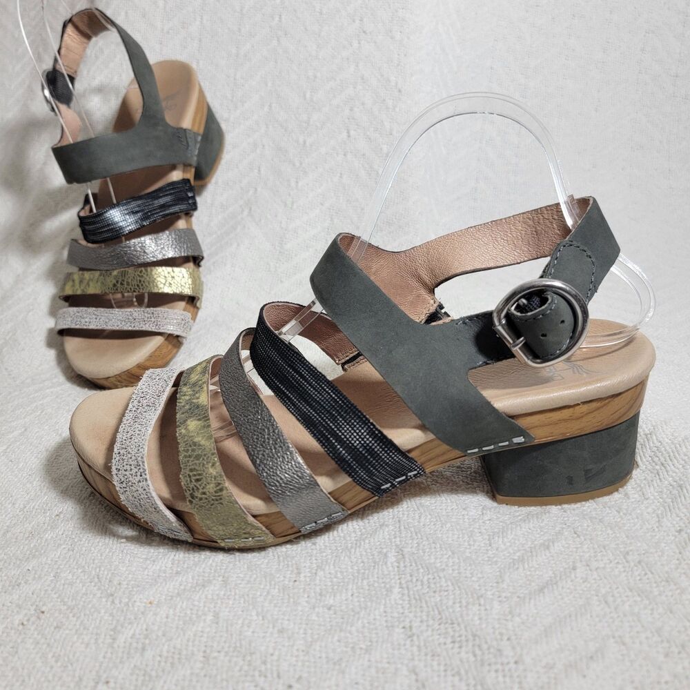 Dansko Multi-strap Metallic and Black Block Heel Sandals